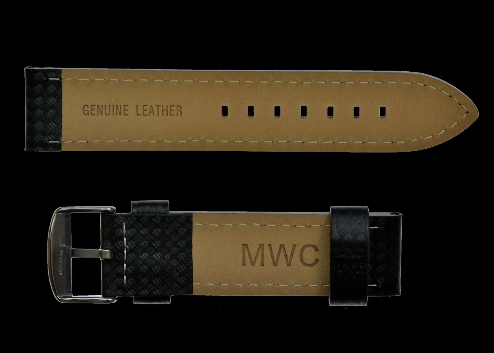 20mm MWC Branded Black Carbon Fibre Effect Leather Watch Strap - Image 2