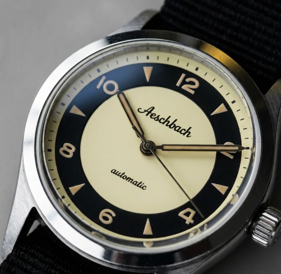 Aeschbach 1950s Pattern 25 Jewel Automatic, 200m Water Resistant Watch with Retro Luminous Paint, Sapphire Crystal & Calf Leather Strap - Image 8