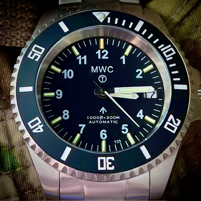 MWC 24 Jewel 300m Automatic Military Divers Watch with Tritium GTLS Illumination, Sapphire Crystal and Ceramic Bezel and Steel Bracelet - Image 13