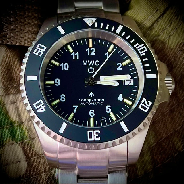 MWC 24 Jewel 300m Automatic Military Divers Watch with Tritium GTLS Illumination, Sapphire Crystal and Ceramic Bezel and Steel Bracelet - Image 14