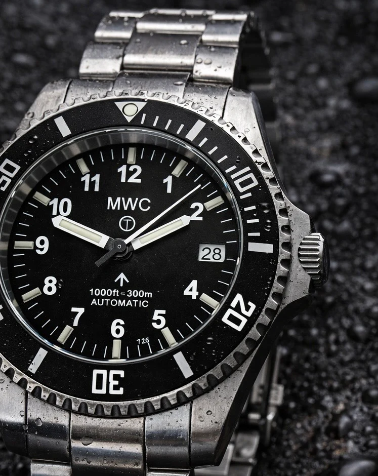 MWC 24 Jewel 300m Automatic Military Divers Watch with Tritium GTLS Illumination, Sapphire Crystal and Ceramic Bezel and Steel Bracelet - Image 7