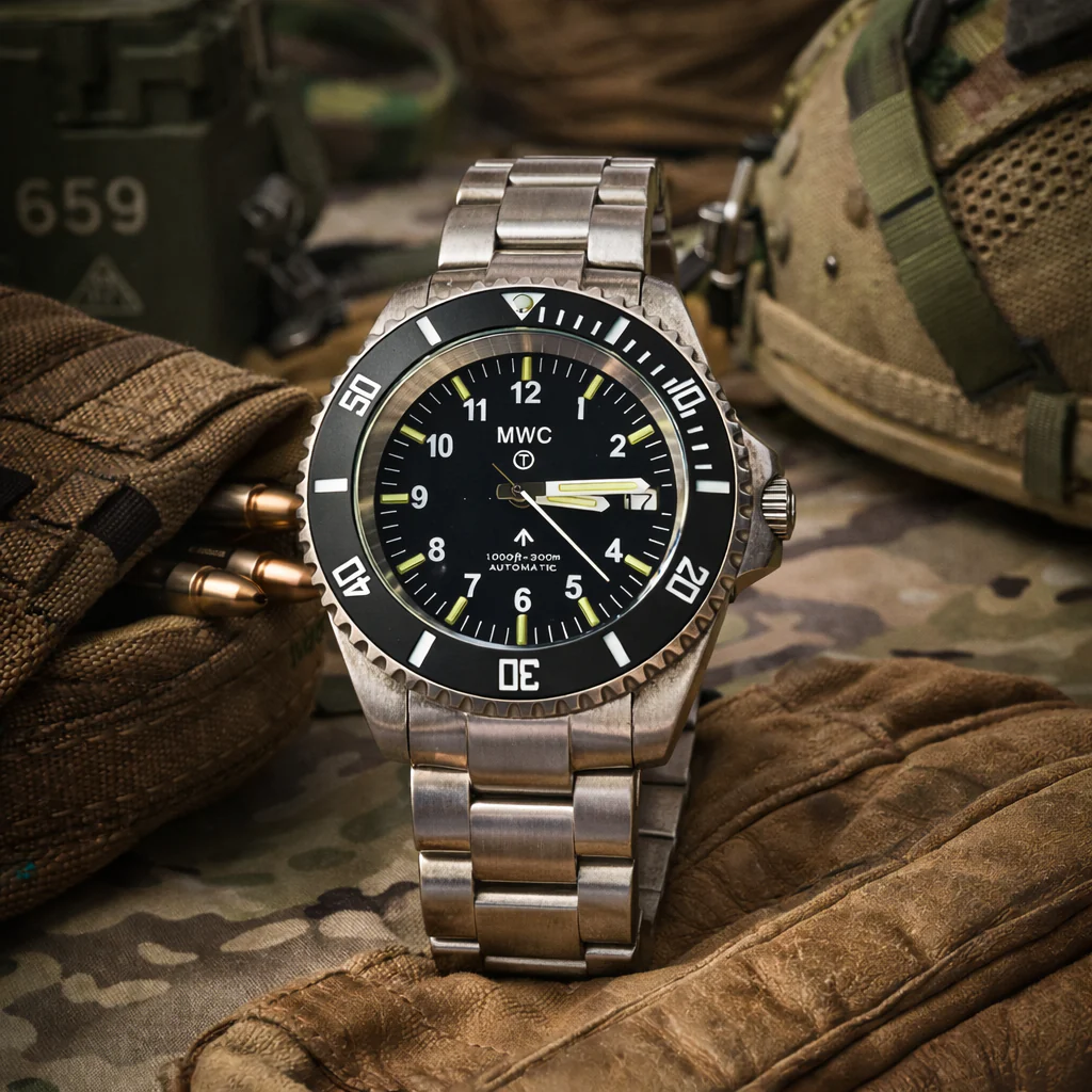 MWC 24 Jewel 300m Automatic Military Divers Watch with Tritium GTLS Illumination, Sapphire Crystal and Ceramic Bezel and Steel Bracelet - Image 9