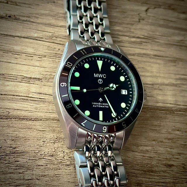 MWC Classic 1960s Pattern Dual Time Zone Automatic Divers Watch with Retro Luminous Paint and Sapphire Crystal on Matching Stainless Steel Bracelet - Image 11