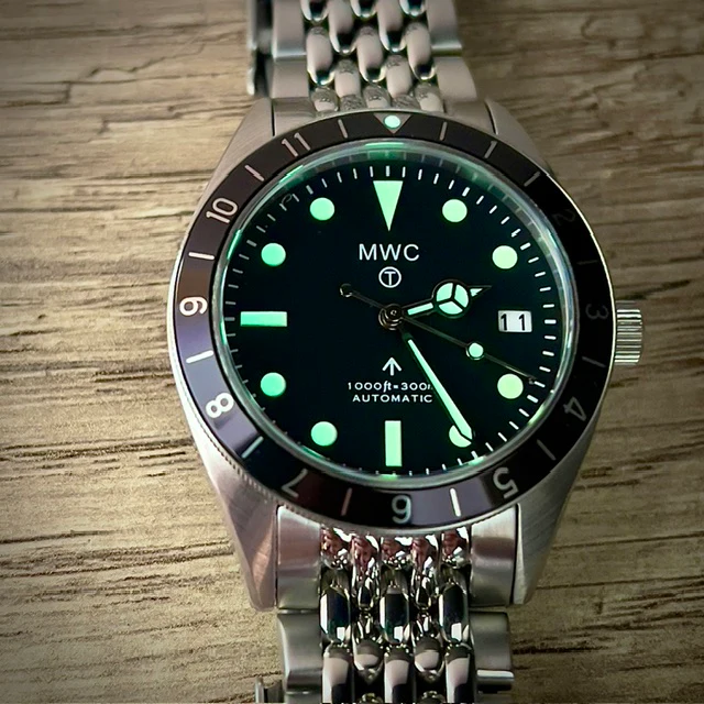 MWC Classic 1960s Pattern Dual Time Zone Automatic Divers Watch with Retro Luminous Paint and Sapphire Crystal on Matching Stainless Steel Bracelet - Image 12