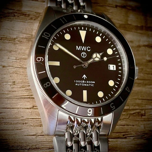 MWC Classic 1960s Pattern Dual Time Zone Automatic Divers Watch with Retro Luminous Paint and Sapphire Crystal on Matching Stainless Steel Bracelet - Image 8