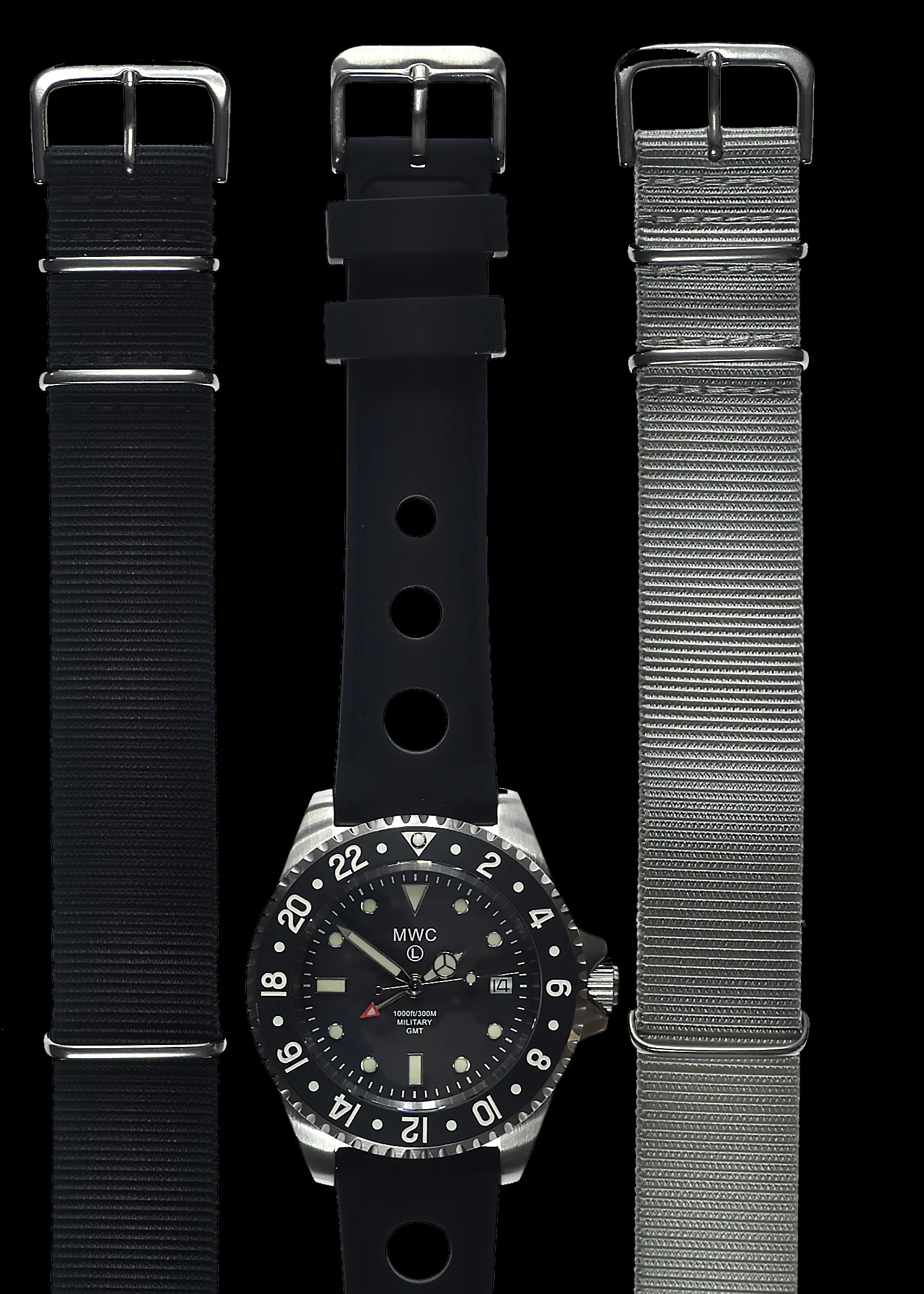 MWC Stainless Steel GMT (Dual Time Zone) Military Watch with Sapphire Crystal and Ceramic Bezel on Silicon Band with 2 NATO Straps - Image 4
