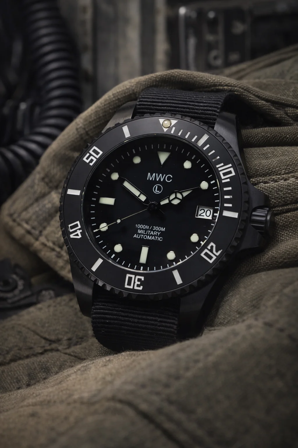 MWC 24 Jewel 300m Automatic Military Divers Watch with Sapphire Crystal and Ceramic Bezel in Black PVD Steel - Image 7