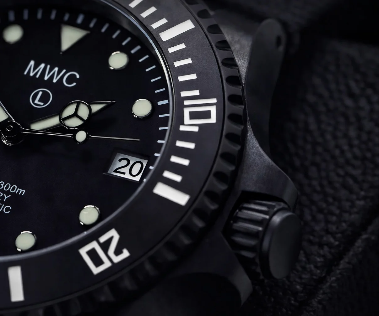 MWC 24 Jewel 300m Automatic Military Divers Watch with Sapphire Crystal and Ceramic Bezel in Black PVD Steel - Image 3