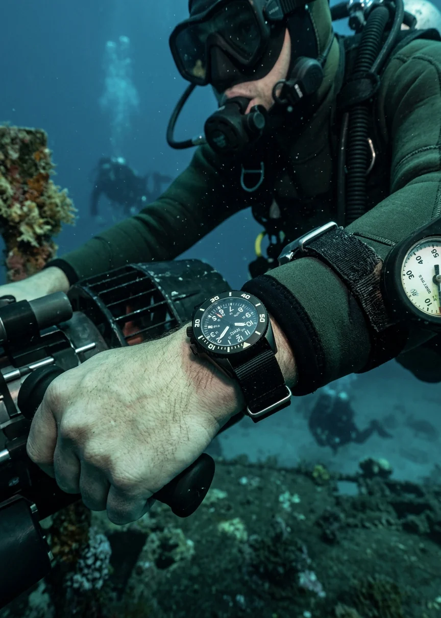 MWC "Depthmaster" 100atm / 3,280ft / 1000m Water Resistant Military Divers Watch in a PVD Titanium Case with GTLS and Helium Valve (Automatic) - Image 7