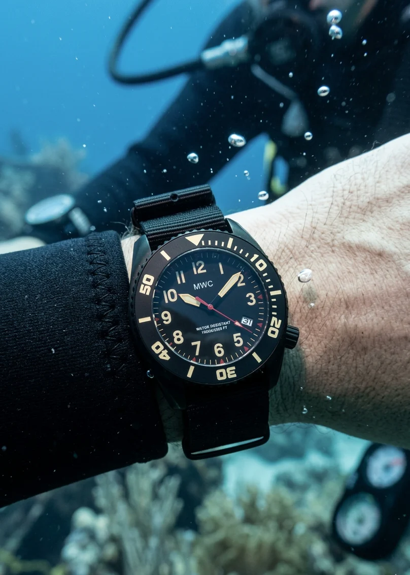 MWC "Depthmaster" 100atm / 3,280ft / 1000m Water Resistant Military Divers Watch in a PVD Titanium Case with Luminova and a Helium Valve (Automatic) - Image 8