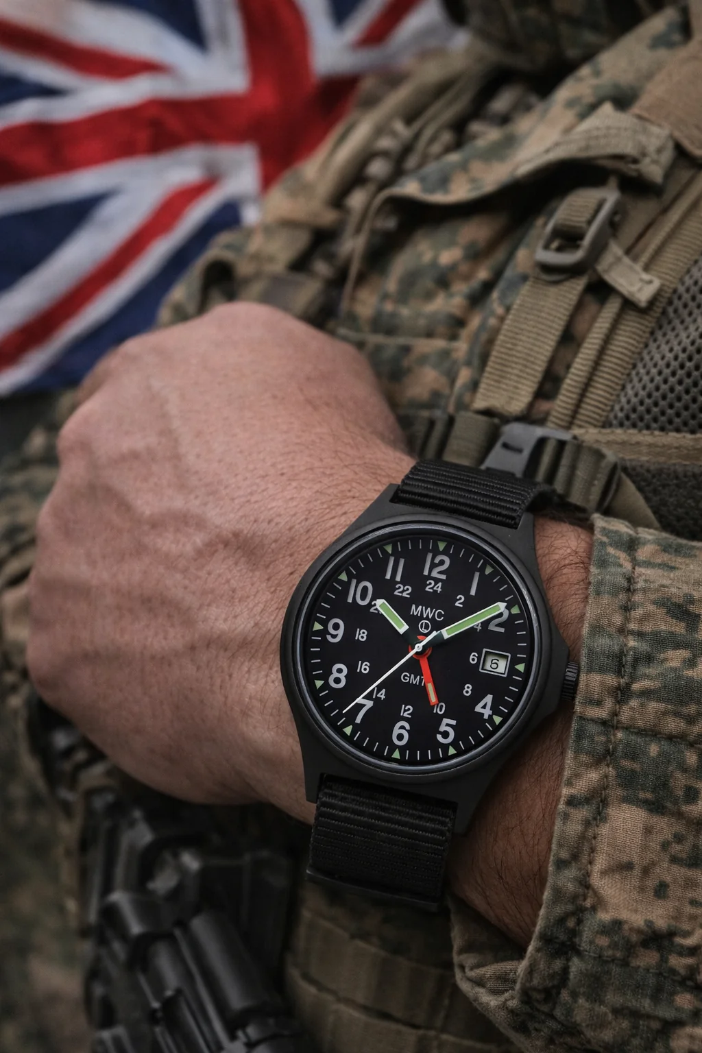 MWC GMT (Dual Time Zone) 200m/660ft Water resistant Military Watch in Black PVD Steel Case with Screw Crown - Image 8