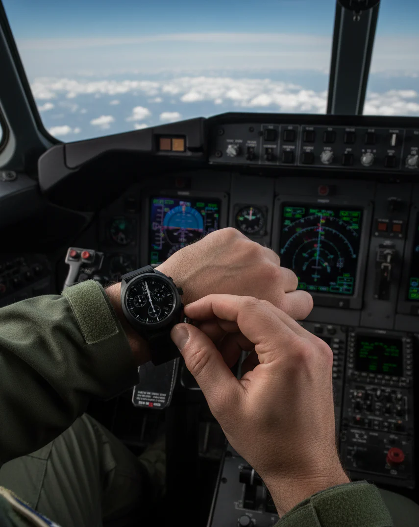 MWC Mechanical/Quartz Hybrid NATO Pattern Military Pilots Chronograph in Non Reflective Black PVD Finish - Image 7