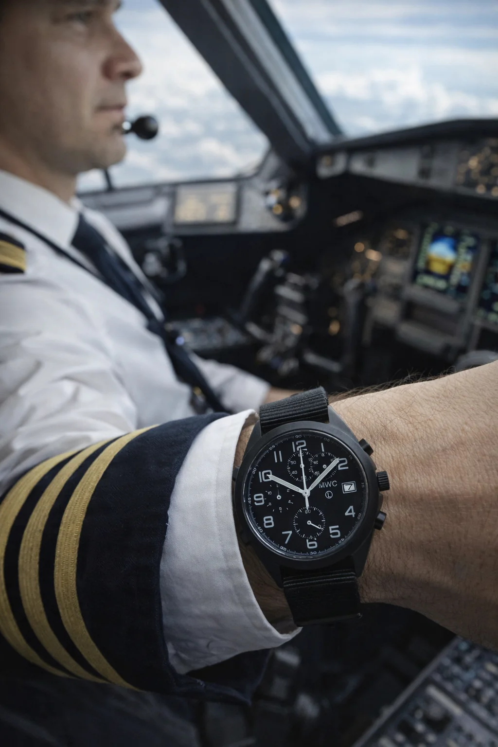 MWC Mechanical/Quartz Hybrid NATO Pattern Military Pilots Chronograph in Non Reflective Black PVD Finish with Sapphire Crystal - Image 7
