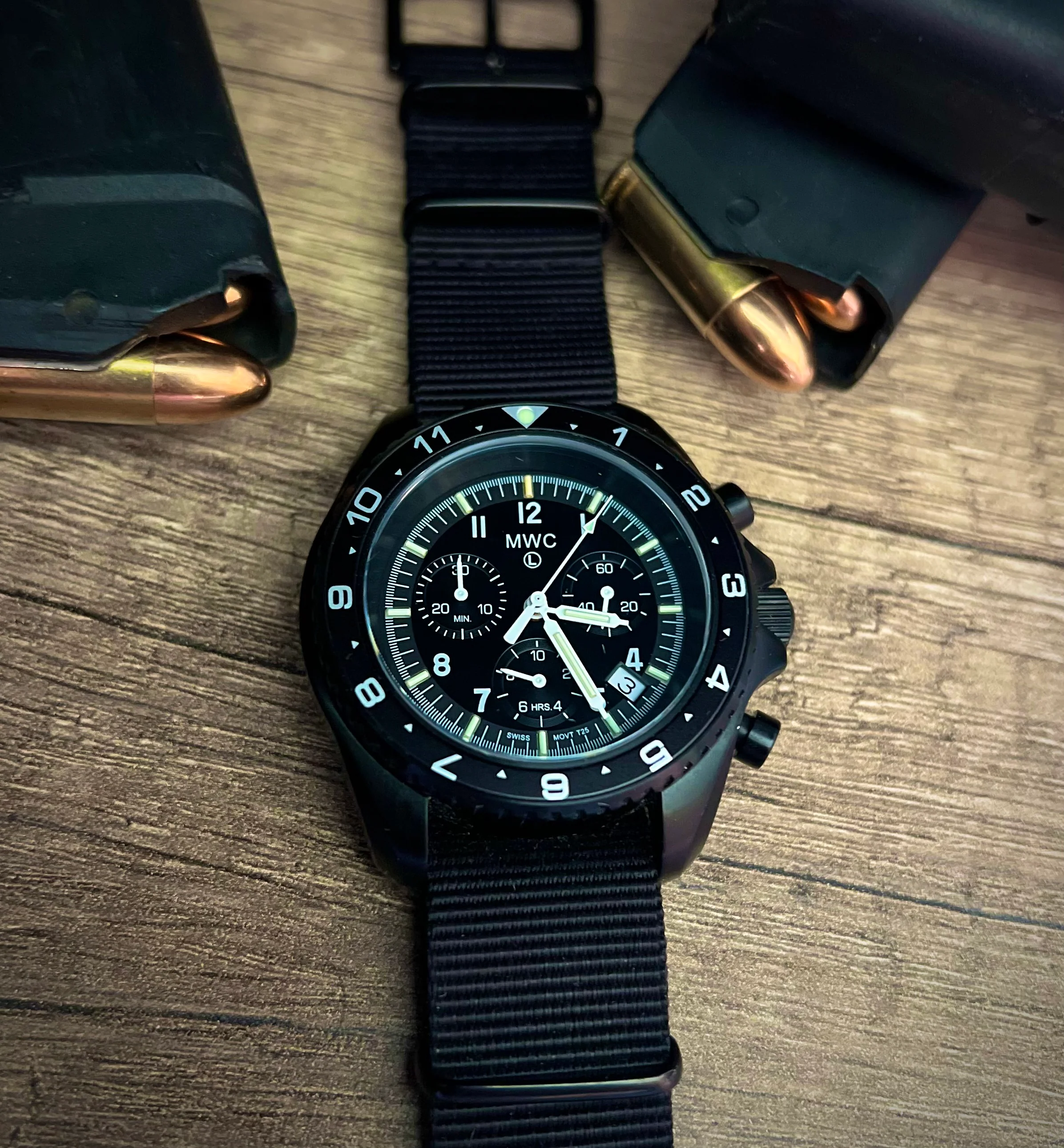MWC NATO Pattern Stainless Steel Military Pilots Chronograph with Sapphire Crystal and Swiss Ronda Movement - 12 Hour GMT Bezel and GTLS/Tritium Illumination - Image 25