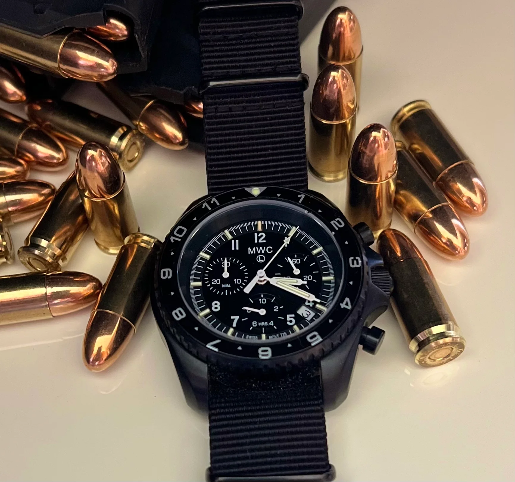 MWC NATO Pattern Stainless Steel Military Pilots Chronograph with Sapphire Crystal and Swiss Ronda Movement - 12 Hour GMT Bezel and GTLS/Tritium Illumination - Image 26