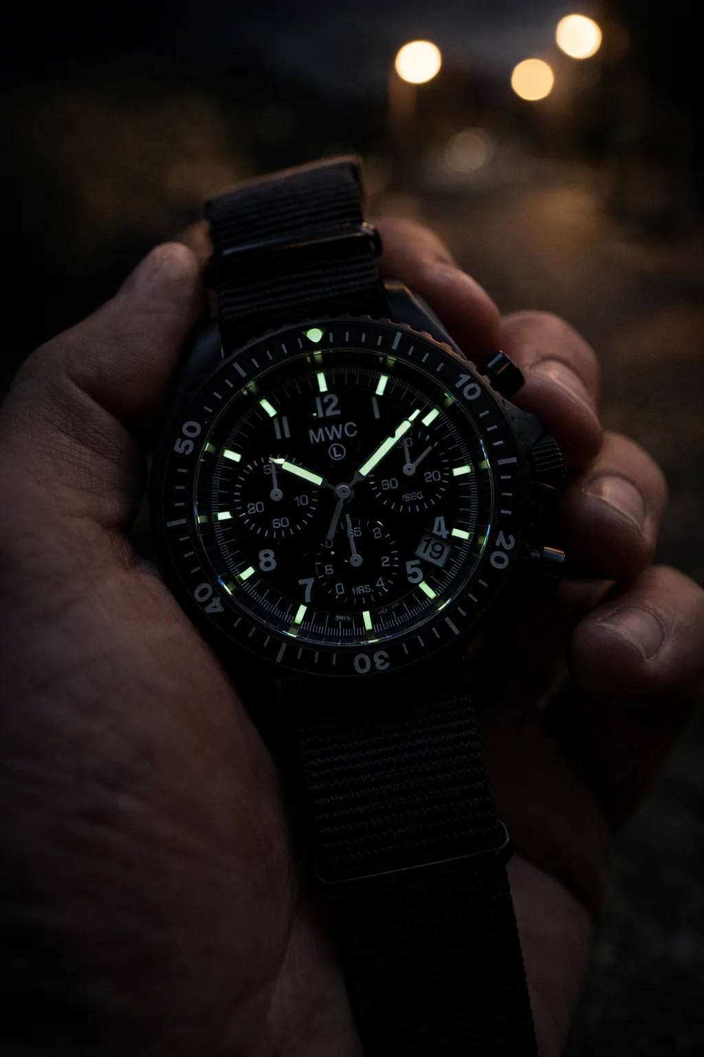 MWC NATO Pattern Black PVD Steel Military Pilots Chronograph with Sapphire Crystal and Swiss Ronda Movement with GTLS/Tritium Illumination - Image 3
