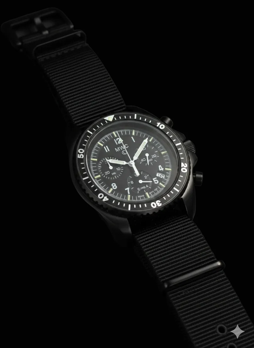 MWC NATO Pattern Black PVD Steel Military Pilots Chronograph with Sapphire Crystal and Swiss Ronda Movement with GTLS/Tritium Illumination - Image 4