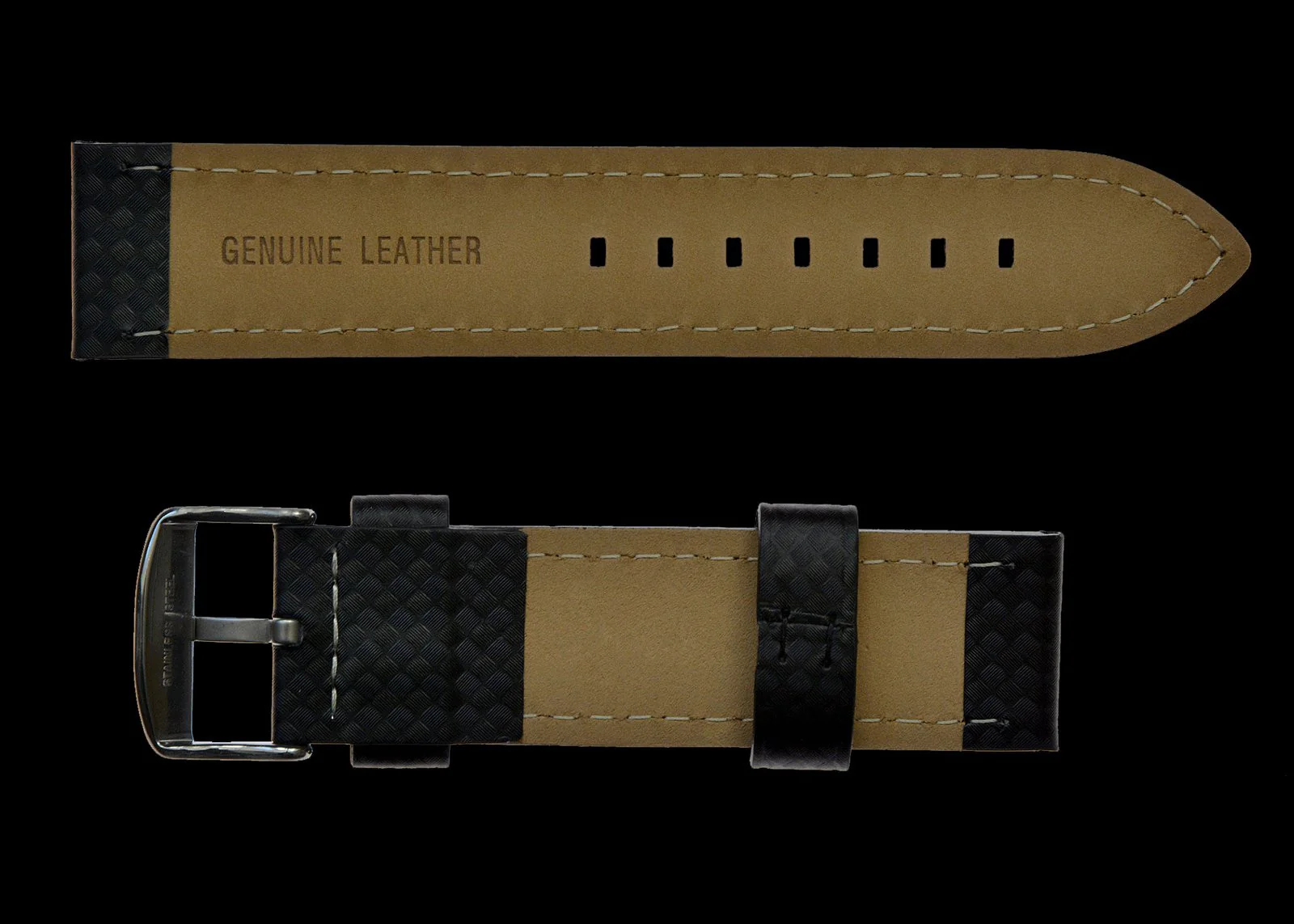 20mm Unbranded MWC Black Carbon Fibre Effect Leather Watch Strap - Image 2